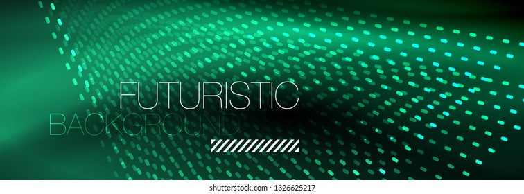 Glowing light particles in dark neon space, magic glow shiny abstract background. Vector design