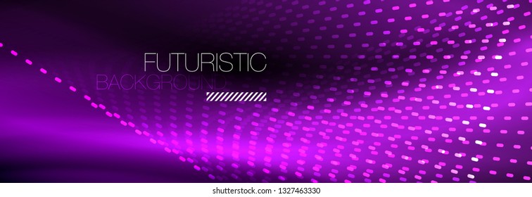 Glowing light particles in dark neon space, magic glow shiny abstract background. Vector design