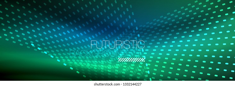 Glowing light particles in dark neon space, magic glow shiny abstract background. Vector design