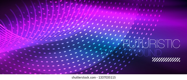 Glowing light particles in dark neon space, magic glow shiny abstract background. Vector design