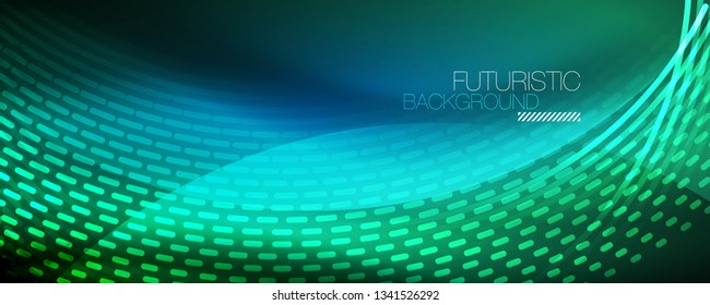 Partículas de luz brillantes en el espacio de neón oscuro, fondo abstracto brillante mágico. Diseño de vectores