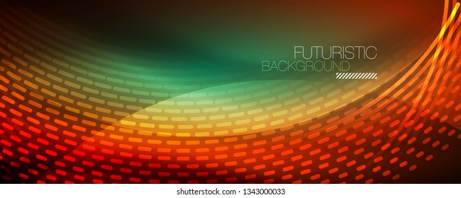 Partículas de luz brillantes en el espacio de neón oscuro, fondo abstracto brillante mágico. Diseño de vectores