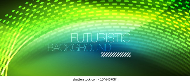 Partículas de luz brillantes en el espacio de neón oscuro, fondo abstracto brillante mágico. Diseño de vectores