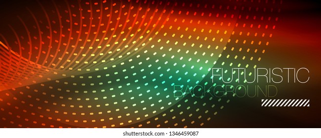 Partículas de luz brillantes en el espacio de neón oscuro, fondo abstracto brillante mágico. Diseño de vectores