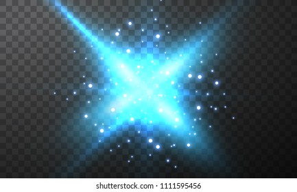 Glowing light particles with a flash effect. Burning fire on a transparent background. Neon blue and yellow star, glittering shine and bokeh lights.