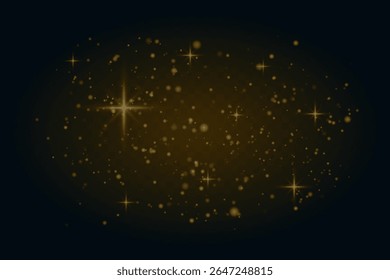 Partículas de luz brillante y llamaradas estelares esparcidas por el fondo oscuro. Suaves destellos de luz de ensueño para imágenes festivas o mágicas.