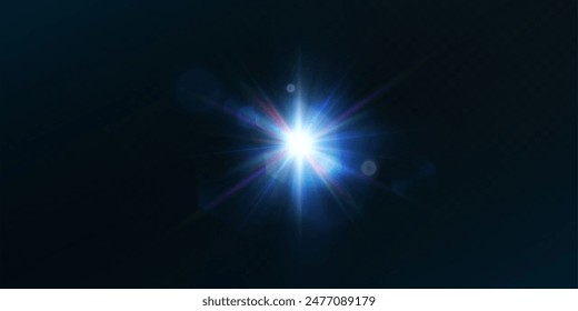 The glowing light PNG explodes with a bright blue light on a black background. The bright sun is shining PNG. Special glare effect. Bright flash.