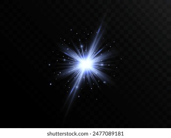 The glowing light PNG explodes with a bright blue light on a black background. The bright sun is shining PNG. Special glare effect. Bright flash.