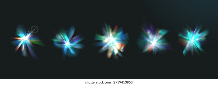 Glühende Lichtprismen. Regenbogenbrechung mit Diamantfunkel- und Kristallfackeleffekten auf schwarzem Nachthintergrund für moderne Designprojekte und Moderaum-Illustrationen. Vektorgrafik einzeln
