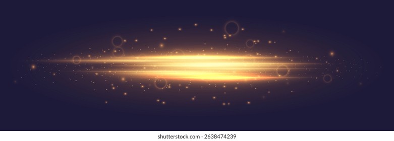 Glowing light. Light rays, dust particles with light. Horizontal neon lines. Bright flash. Vector EPS 10.