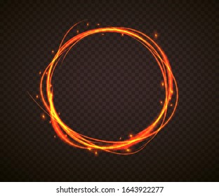 Glowing light ring of fire. Light effect vector golden circle. Glitter sparkle wake vortex effect on a transparent background. Vector illustration