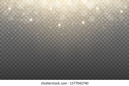 Glowing light and snow flakes on transparent background. Shining particles and bokeh. Gold glitter effect with rays. Christmas banner template with sparks. Vector illustration.