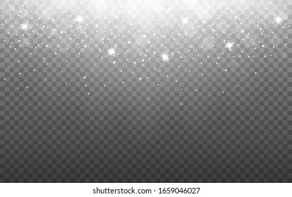 Glowing light with snow flakes on transparent backdrop. Silver glitter effect with rays. Shining particles and bokeh. Banner template with sparks. Vector illustration.