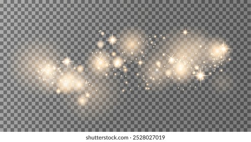 Glowing light sparkles dust bokeh with sparks and stars transparent overlay effect.Christmas Glowing element bokeh dust warm gold color effect for holiday design, cards, banner, poster.Vector
