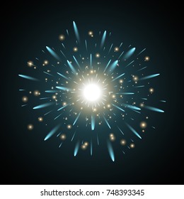 Glowing light with sparks, star burst with sparkles on black background, aqua and golden colors