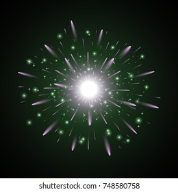 Glowing light with sparks, star burst with sparkles on black background, green and purple colors