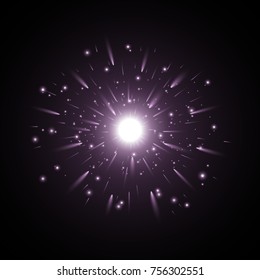 Glowing light with sparks, star burst with sparkles on black background, purple color