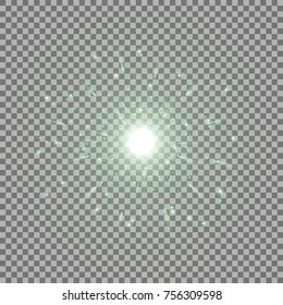 Glowing light with sparks, star burst with sparkles on transparent background, green color