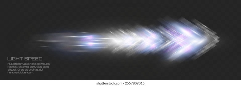Glowing light speed effect with motion blur and futuristic neon tones on transparent dark background.