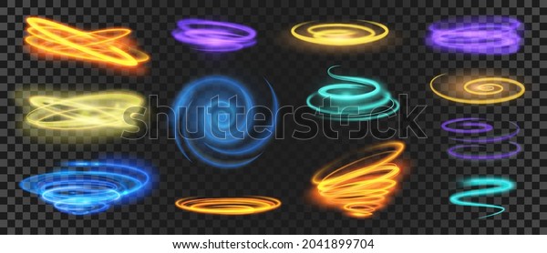 Glowing\
light spirals, circles, swirls and speed motion effect. Realistic\
shiny neon trail curves. Magic energy rings and waves vector set.\
Luminous glitter bright colorful lines and\
twirls