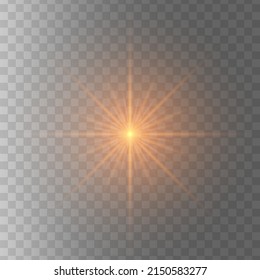 Glowing light stars on a transparent background. Transparent shining sun, star explodes and bright flash. Gold bright illustration starburst. 