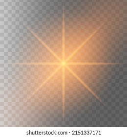 Glowing light stars on a transparent background. Transparent shining sun, star explodes and bright flash. Gold bright illustration starburst. 