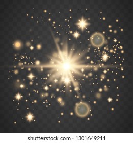  Glowing Light Stars with Sparkles. Golden Light effect.  Vector illustration 