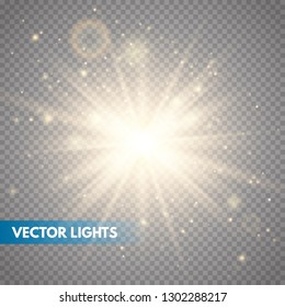  Glowing Light Stars with Sparkles. Golden Light effect.  Vector illustration 