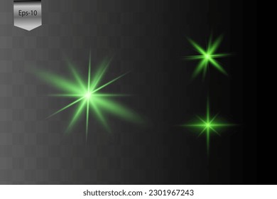 Glowing Light Stars with Sparkles. Green Light effect. Vector illustration