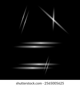 Glowing light streaks. Abstract white highlights. Black background contrast. Vector light elements.