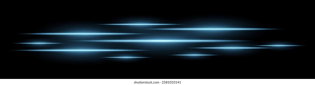 Glowing light streaks on a black background. Horizontal blue light trails creating a motion effect. Abstract speed, energy, and futuristic design element. Digital effects, technology, sci-fi themes