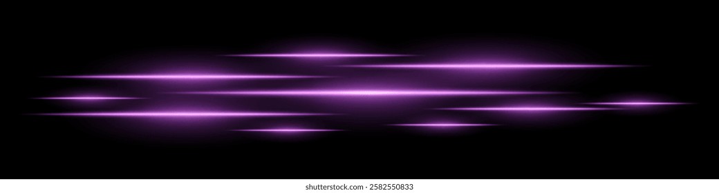Glowing light streaks on a black background. Horizontal purple light trails creating a motion effect. Abstract speed, energy, and futuristic design element. Digital effects, technology, sci-fi themes
