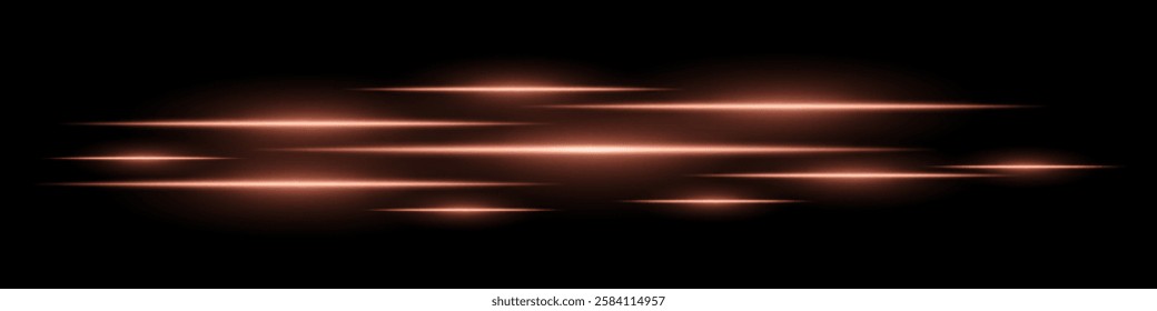 Glowing light streaks on a black background. Horizontal orange light trails creating a motion effect. Abstract speed, energy, and futuristic design element. Digital effects, technology, sci-fi themes