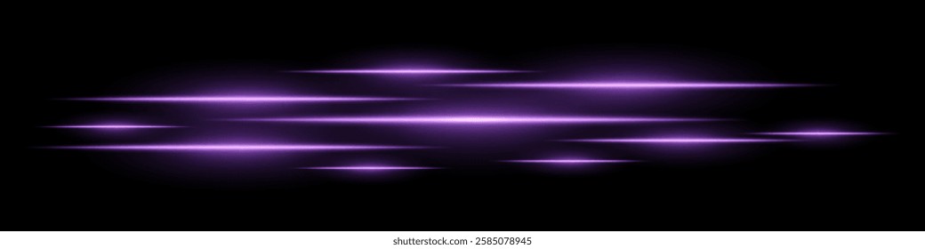 Glowing light streaks on a black background. Horizontal purple light trails creating a motion effect. Abstract speed, energy, and futuristic design element. Digital effects, technology, sci-fi themes