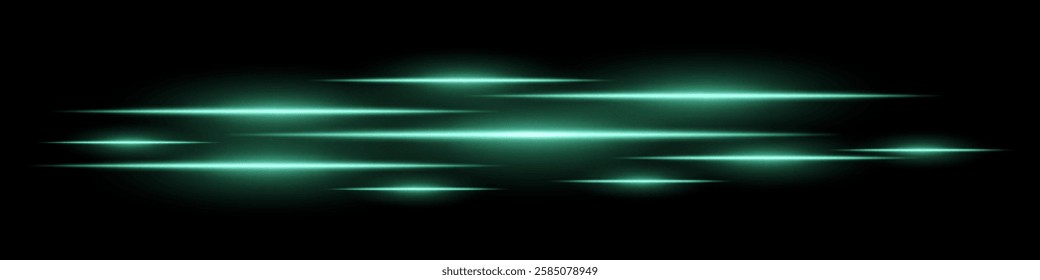 Glowing light streaks on a black background. Horizontal green light trails creating a motion effect. Abstract speed, energy, and futuristic design element. Digital effects, technology, sci-fi themes