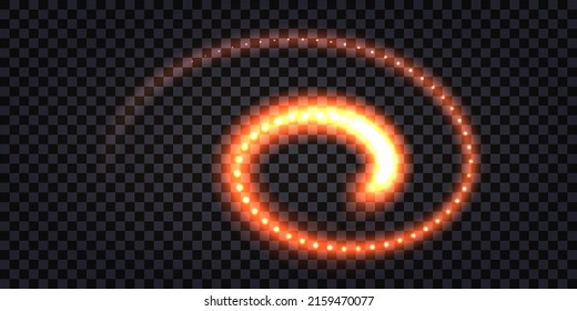 Glowing light trail, spiral neon swirl. Electric thunder bolt, fire burst flashlight, isolated wavy twirl isolated on transparent background. Vector illustration