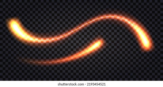 Glowing Light Trail, Wave Swirl Swoosh, Red And Orange Fiery Neon Glow Effect. Lightning Thunder Bolt, Dynamic Impulse, Sparkling Hot Flash Shock. Isolated, Trnsparent, Vector Illustration