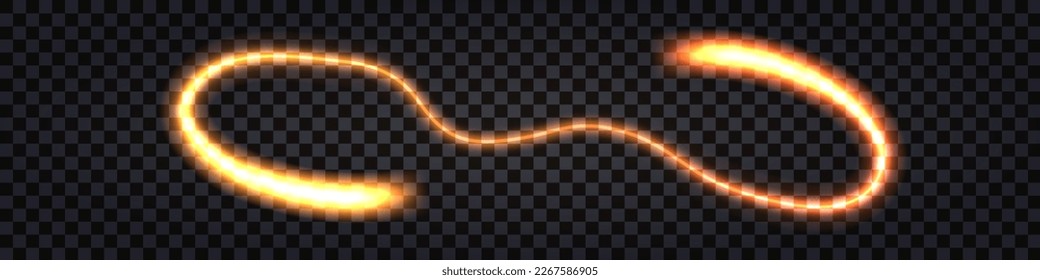 Glowing light wave swirl, fiery orange and yellow trail, neon glow effect. Lightning thunder bolt; dynamic impulse; electric shock; flash explosion. Isolated transparent vector illustration