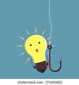 Glowing lightbulb character tied to fishing hook, idea, startup, investment and investor concept. EPS 10 vector illustration, no transparency