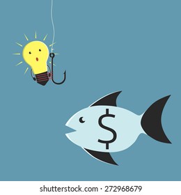 Glowing lightbulb character tied to fishing hook and fish with dollar sign looking at it. Idea and investment concept. EPS 10 vector illustration, no transparency