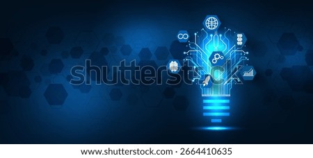 Glowing lightbulb with digital circuits and technology icons representing AI, innovation and data analytics. Perfect for illustrating digital transformation, future technology, and creative ideas.