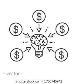 glowing lightbulb with dollar coins, business bring income icon, monetize idea, financial success, thin line symbol on a white background - editable stroke vector illustration eps10