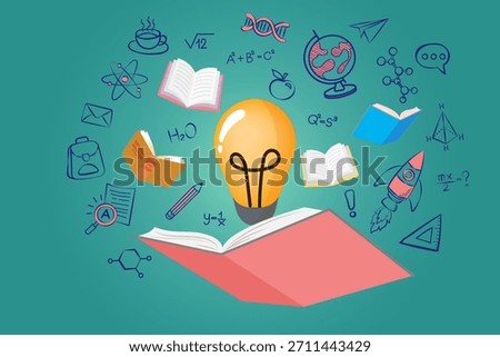 Glowing lightbulb floating over open book with science and math doodle icons. Concept of STEM education, school learning, smart idea, academic knowledge, and creative imagination.