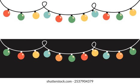 Guirnalda de bombilla brillante. Las luces de Navidad fijan el Anuncio de línea. Cadena colorida de luz de hadas. Forma redonda. Decoración navideña de dibujos animados. Color del arco iris. Diseño plano. Negro Fondo blanco. Vector