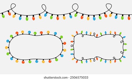 Guirnalda de bombilla brillante línea diferente marco. Cadena colorida de luz de hadas. Navidades luces puestas. Decoración navideña de dibujos animados. Plantilla de Anuncio. Diseño plano. Aislado. El fondo blanco. Vector