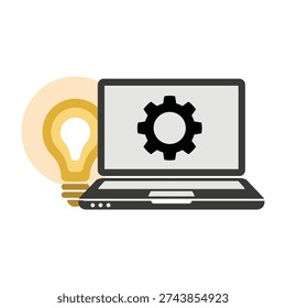 Glowing lightbulb and gear icon on laptop symbolize innovation and technology