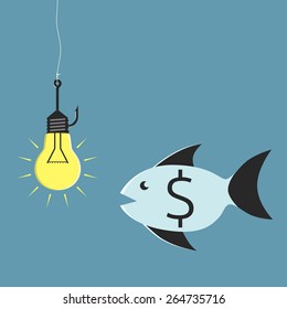 Glowing lightbulb on fishing hook and fish with dollar sign looking at it. Idea and investment concept, EPS 10 vector illustration, no transparency