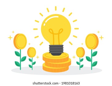 Glowing lightbulb on the pile of coins with coin trees. Creative finance concept of making money from business idea. Simple trendy cute cartoon vector illustration. Flat style graphic design element.