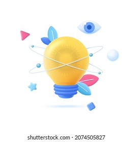 Glowing lightbulb with orbiting particles. Concept of scientific innovation, innovative idea research, technological breakthrough, isight or discovery.3D cartoon vector illustration for banner, poster