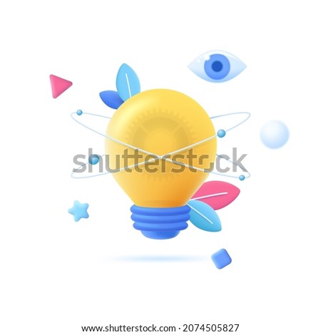 Glowing lightbulb with orbiting particles. Concept of scientific innovation, innovative idea research, technological breakthrough, isight or discovery.3D cartoon vector illustration for banner, poster